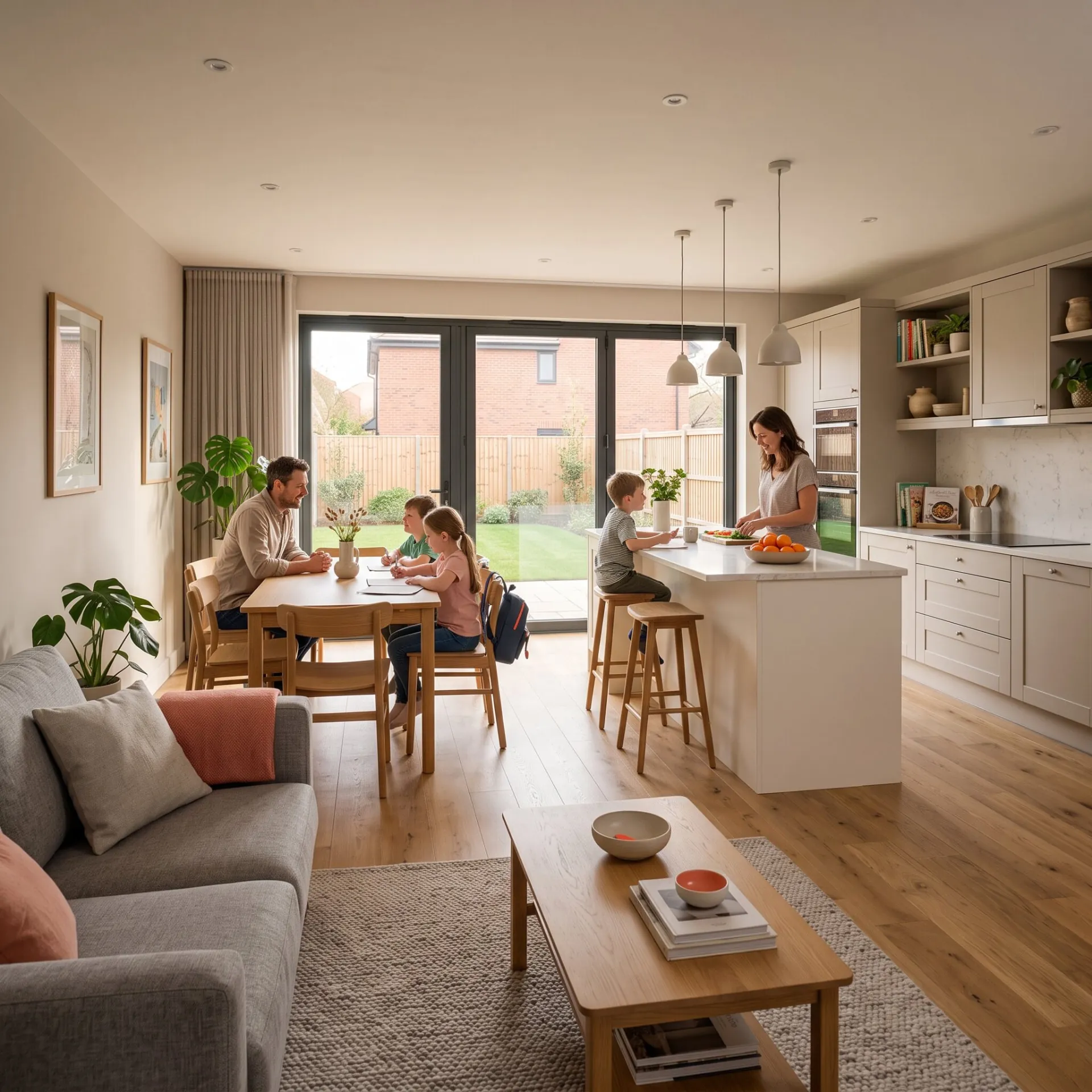 A family in a bright, finished kitchen and living space