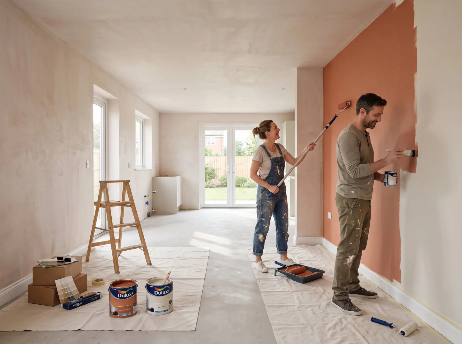 A couple decorating an interior wall during home completion