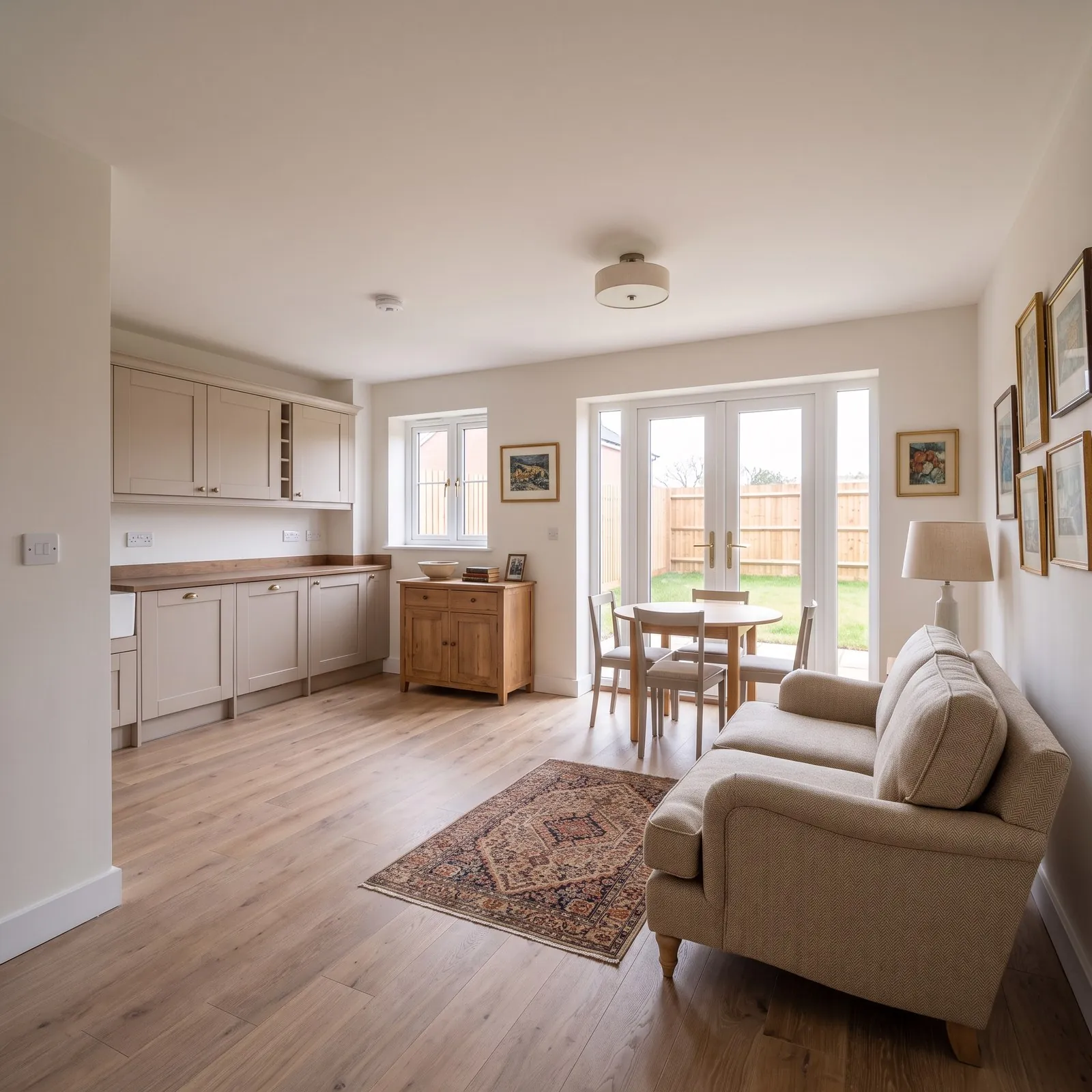 Illustrative classic warm interior with timber furniture, framed pictures and soft upholstery