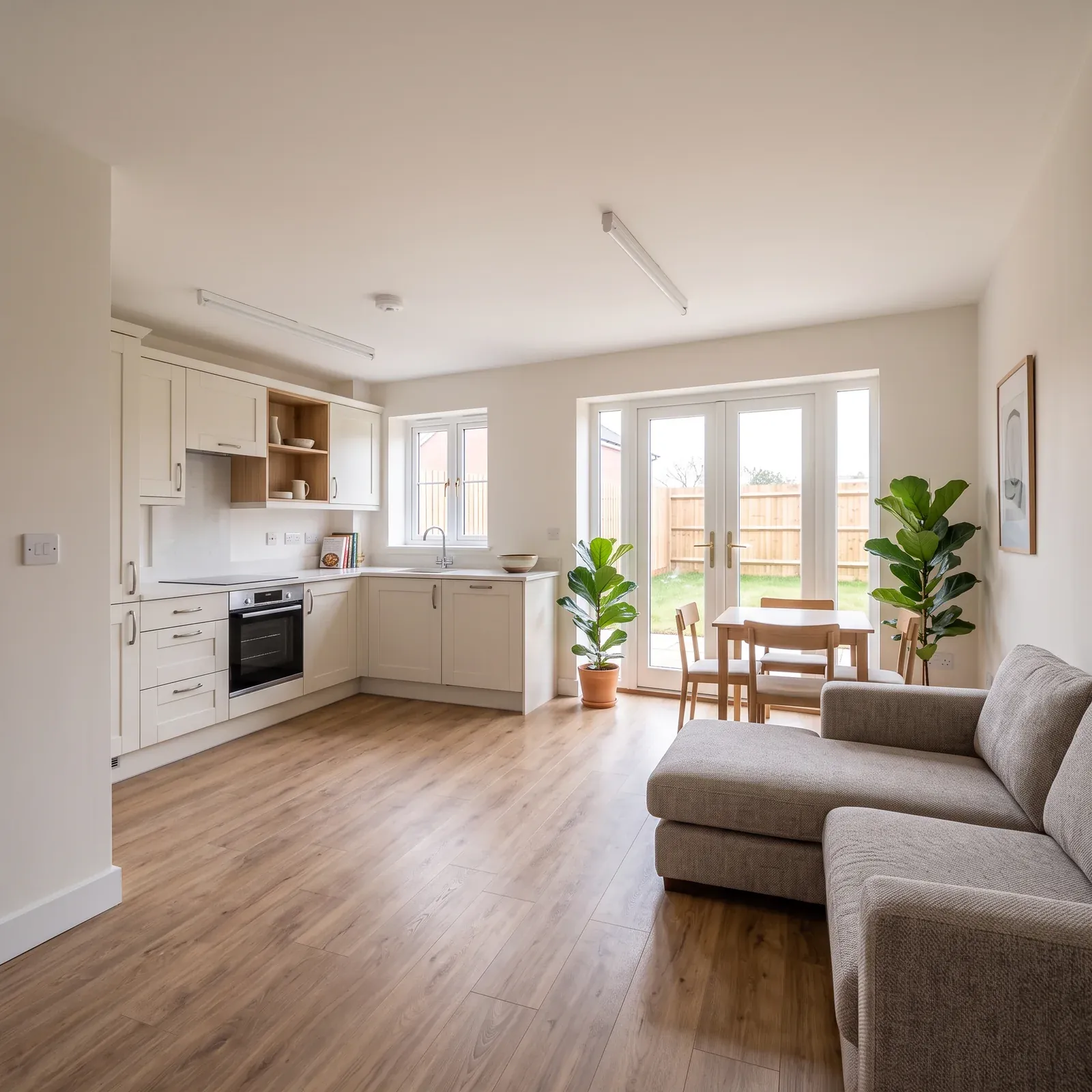 Illustrative contemporary interior with pale cabinetry and natural tones