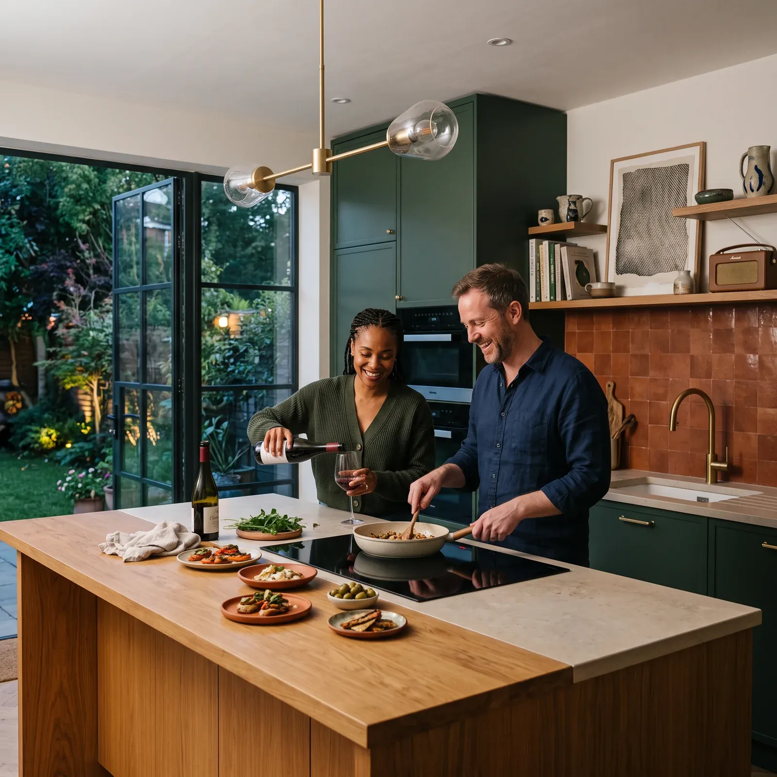 Couple preparing food together in a distinctive coloured Blank Canvas kitchen