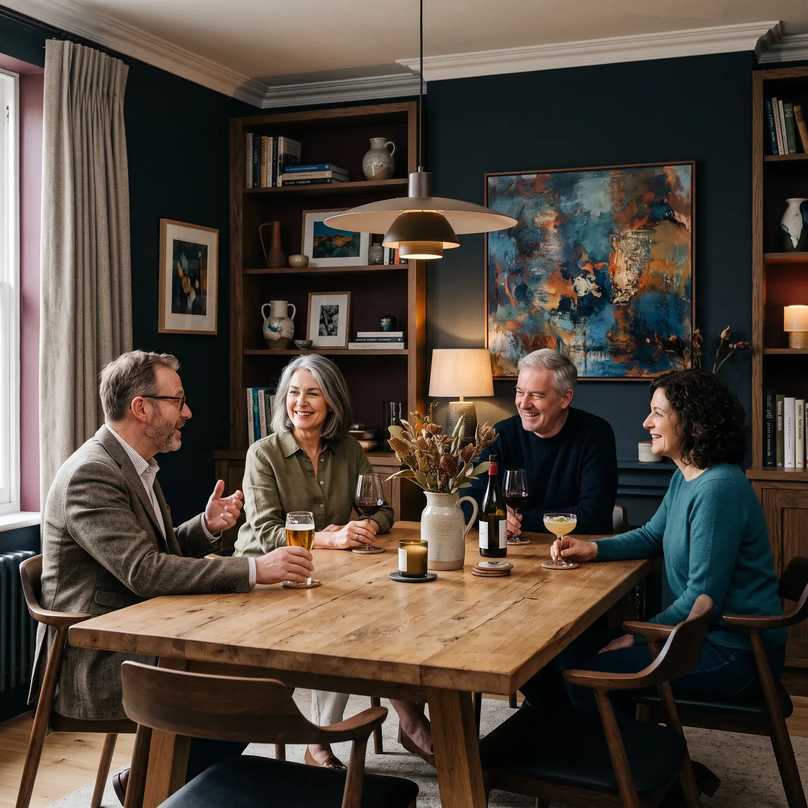 Friends sharing drinks around a contemporary dining table