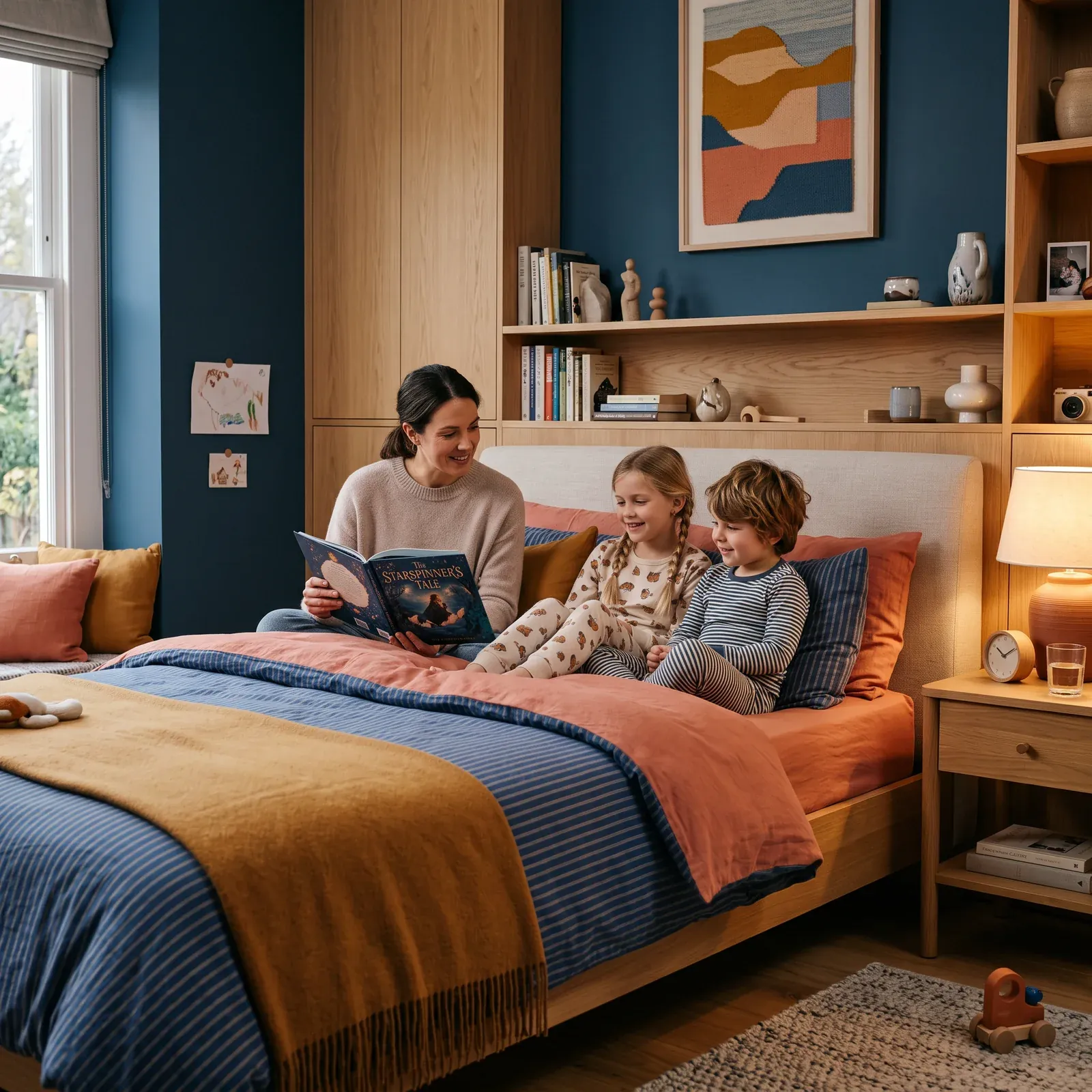 Parent reading a bedtime story to two children in a personalised bedroom