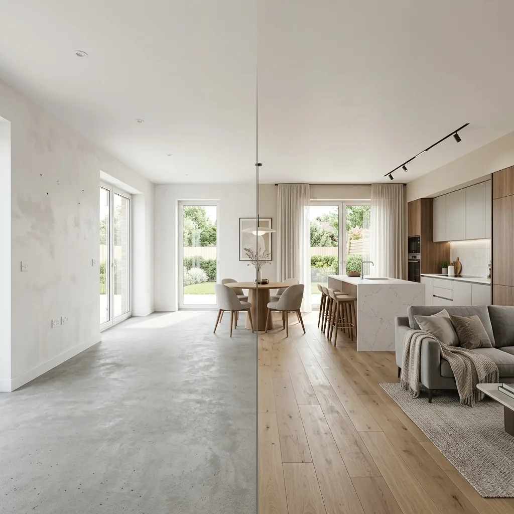 A new home at Blank Canvas stage alongside the same living space after interior completion