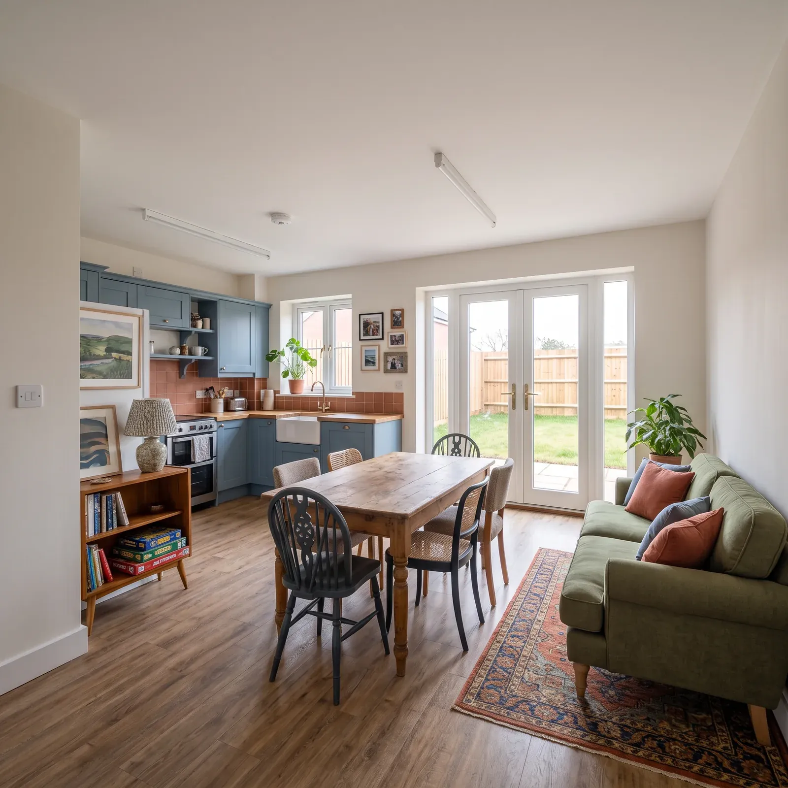 Illustrative colourful interior with blue cabinetry, terracotta tiling and patterned textiles