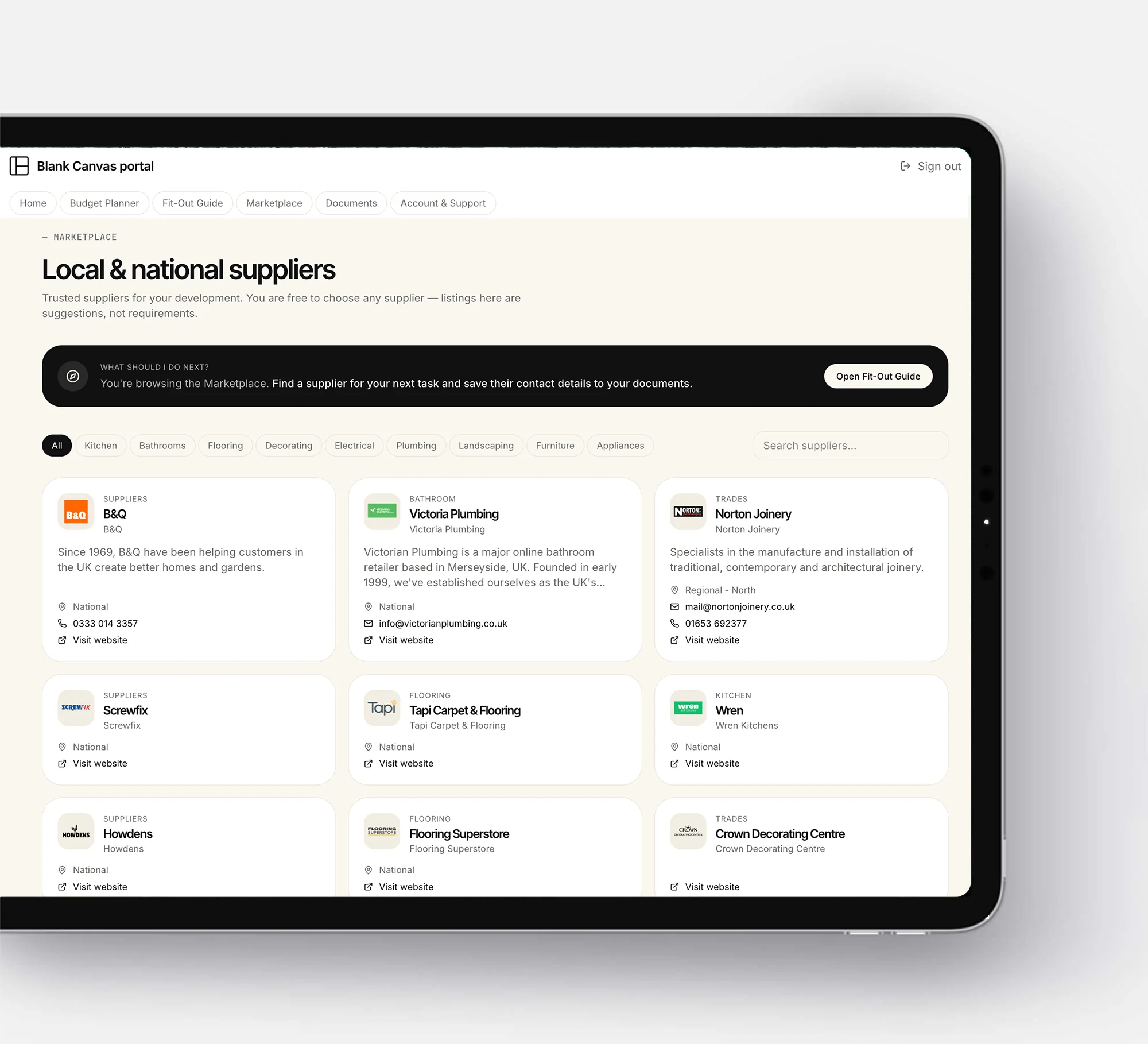 Illustrative My Blank Canvas marketplace workspace showing example product and supplier options