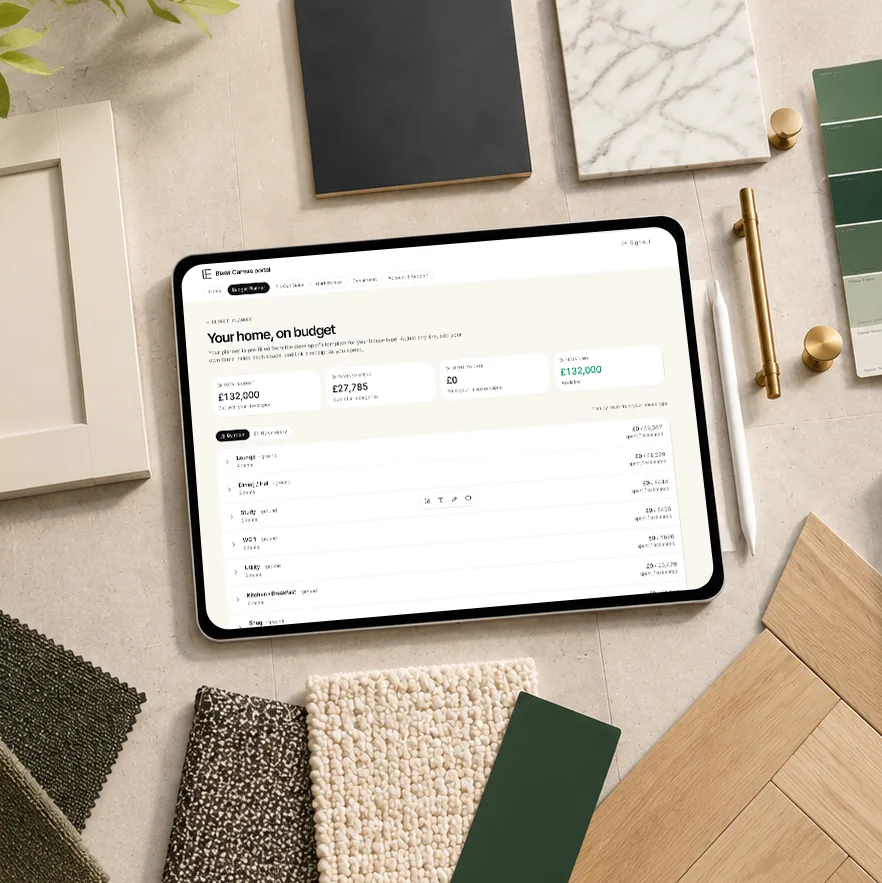 My Blank Canvas budget planning preview on a tablet beside interior material samples