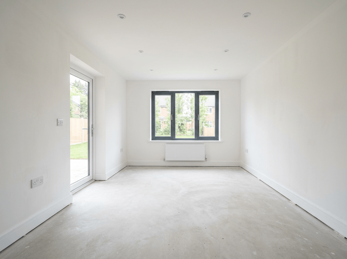 Blank Canvas bedroom and living space at handover stage