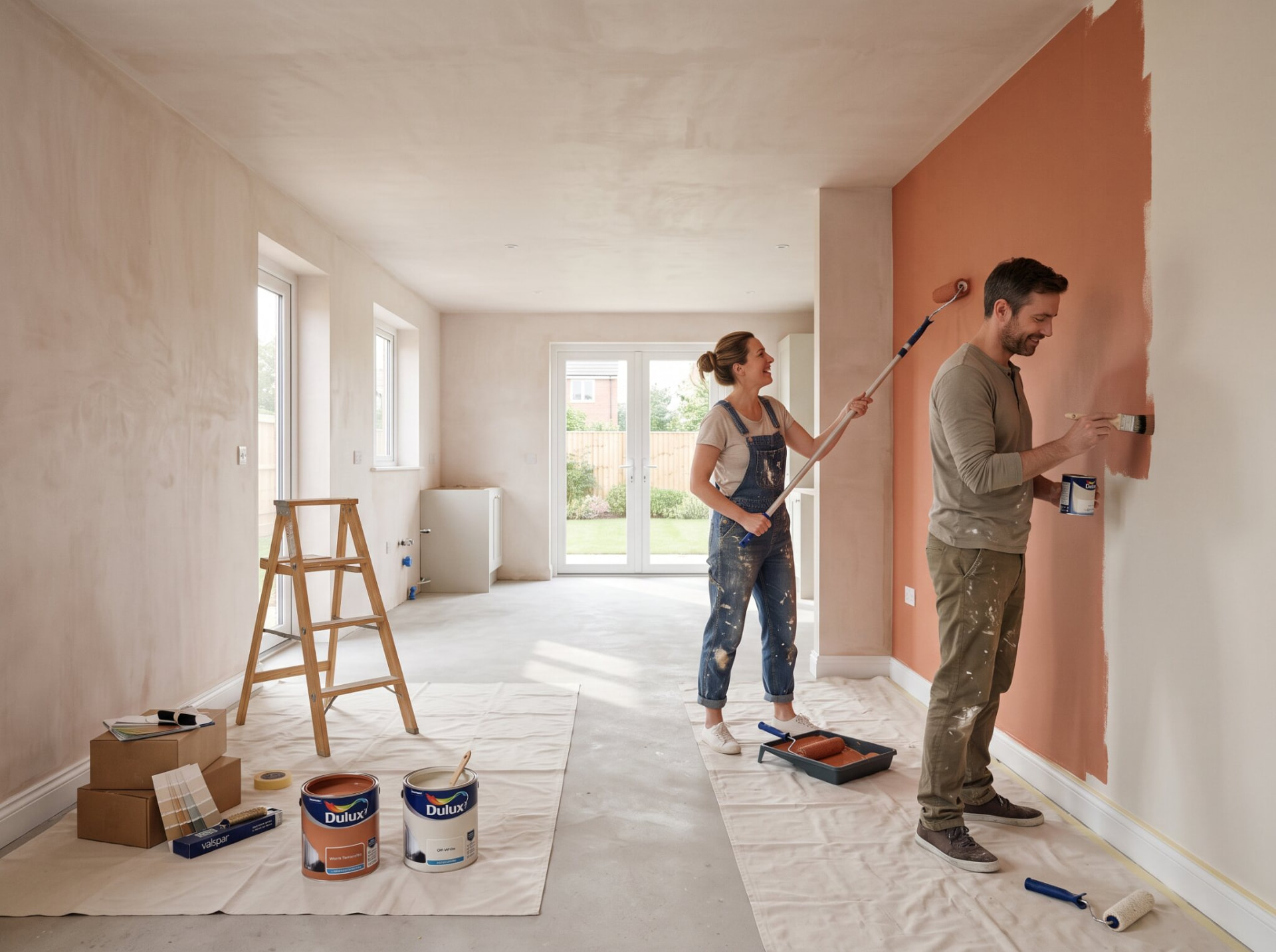 A couple painting the interior wall of a Blank Canvas home in a warm terracotta colour, with paint rollers and drop sheets.