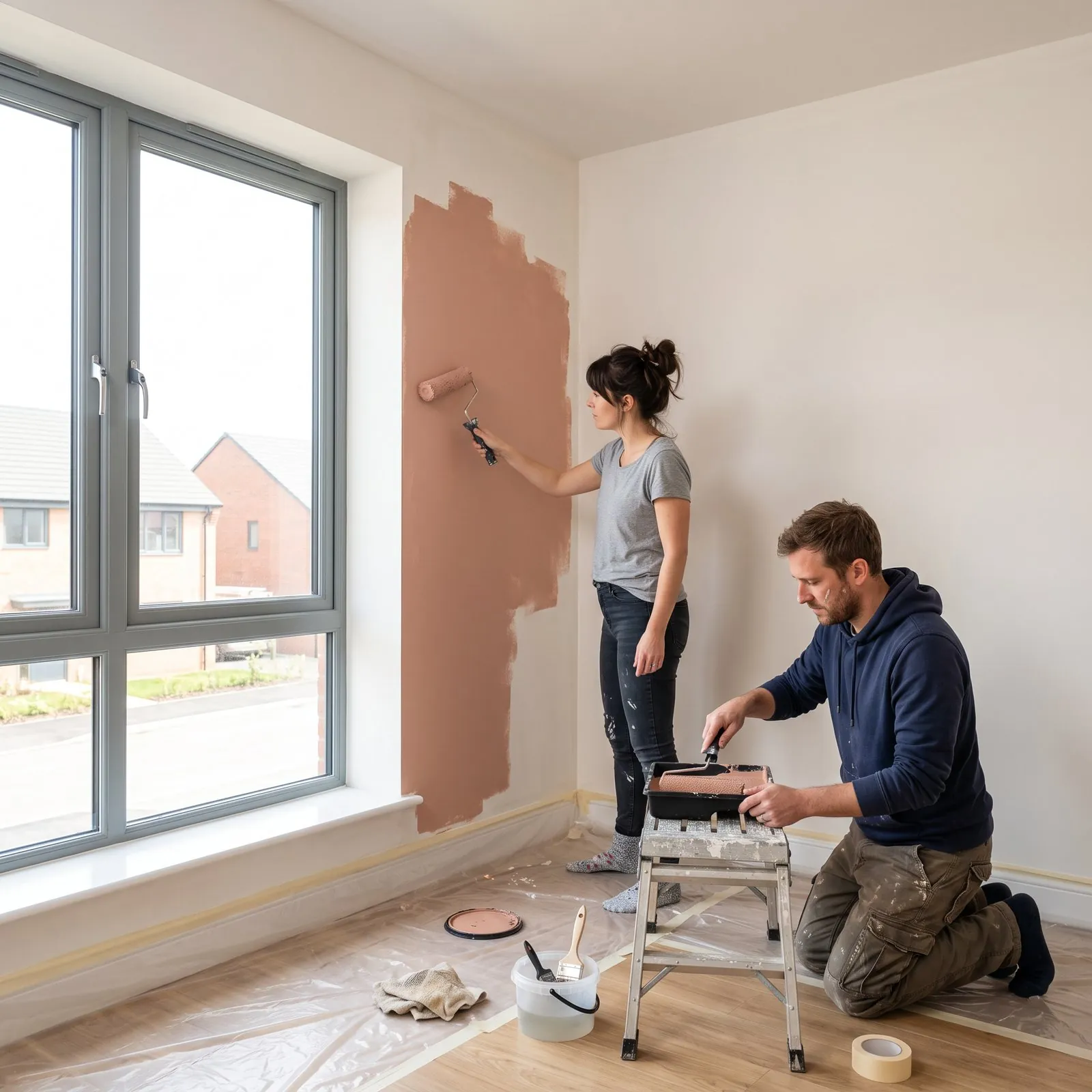 Two adults decorating a new home interior.