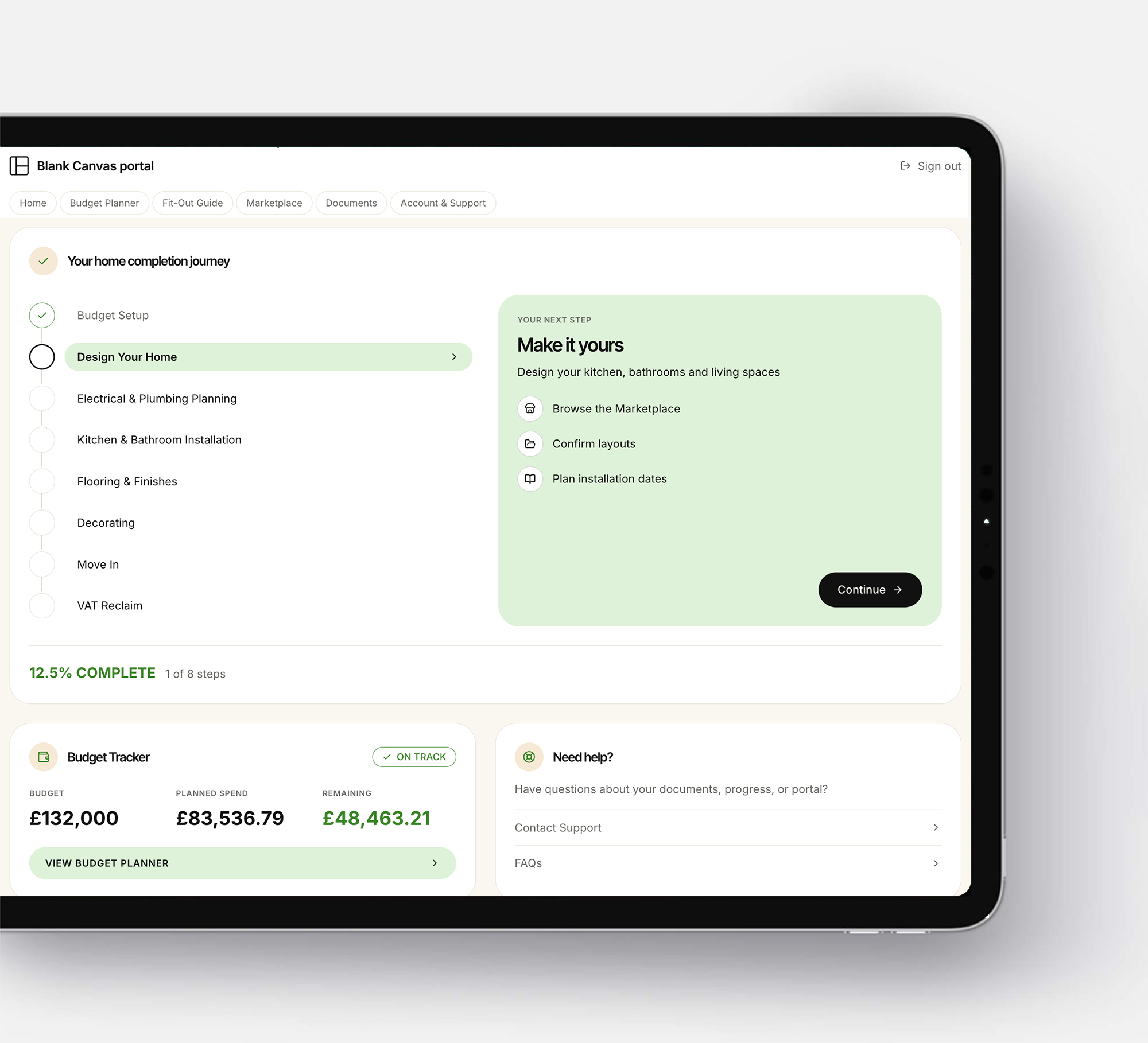 A tablet showing the Blank Canvas app with the completion journey, budget tracker and next decisions for a home.