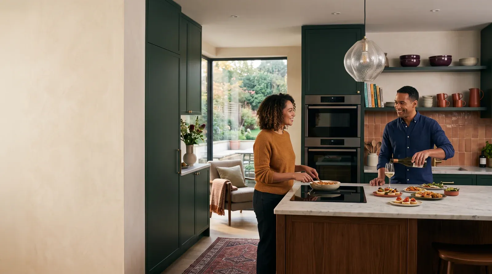 Illustrative contemporary interior with a natural, understated kitchen and living space