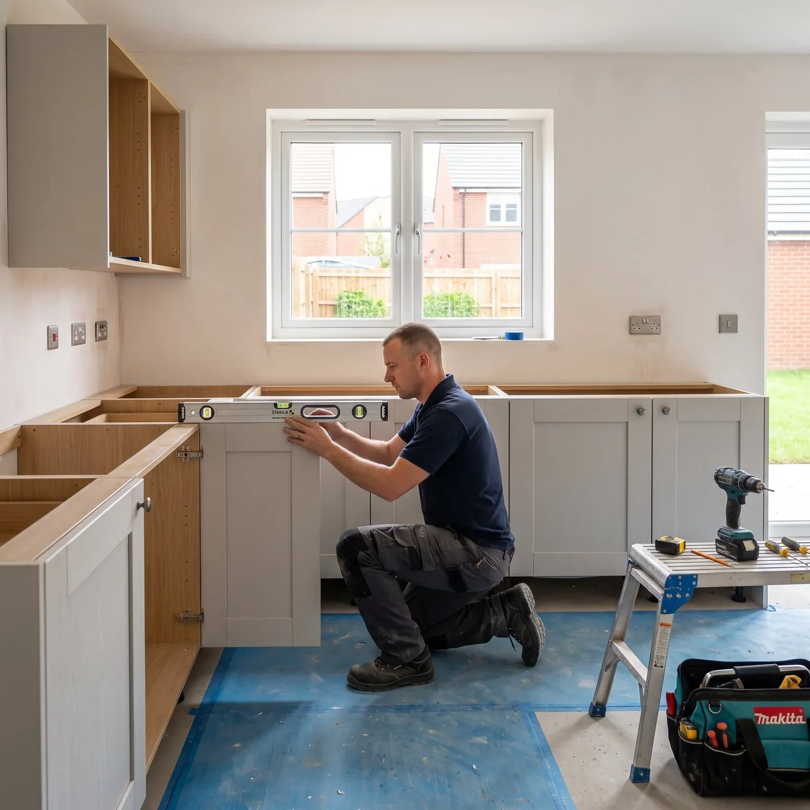 Illustrative kitchen installation during interior completion.