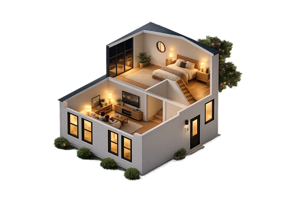 Isometric cut-away render of a finished Blank Canvas home interior